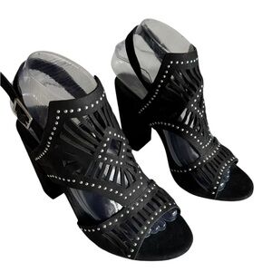 Women’s 7 strap heeled black embellished sandals. Preloved. Faux leather/suede